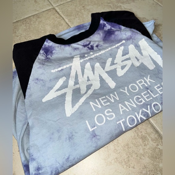 🦕STUSSY🦕-Vintage Distressed Stussy 3/4 Sleeve Tee-Blue/Purple Tie-dye-Small - Picture 5 of 7